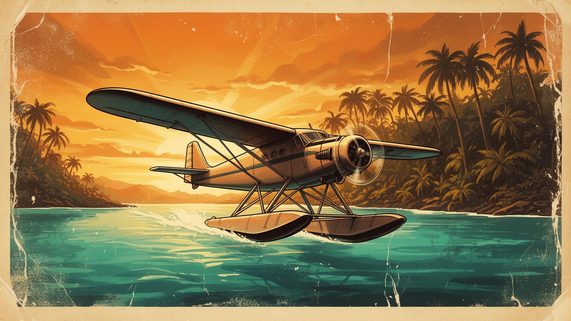 Vintage seaplane gliding into a tropical lagoon at sunset